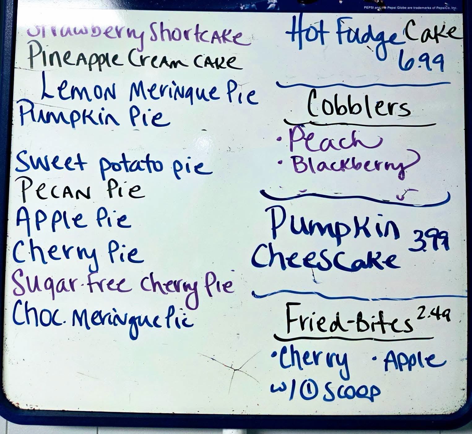 The dessert whiteboard: shortcake, cream cakes, meringue pies, cobblers, pumpkin cheesecake and hot fudge cake