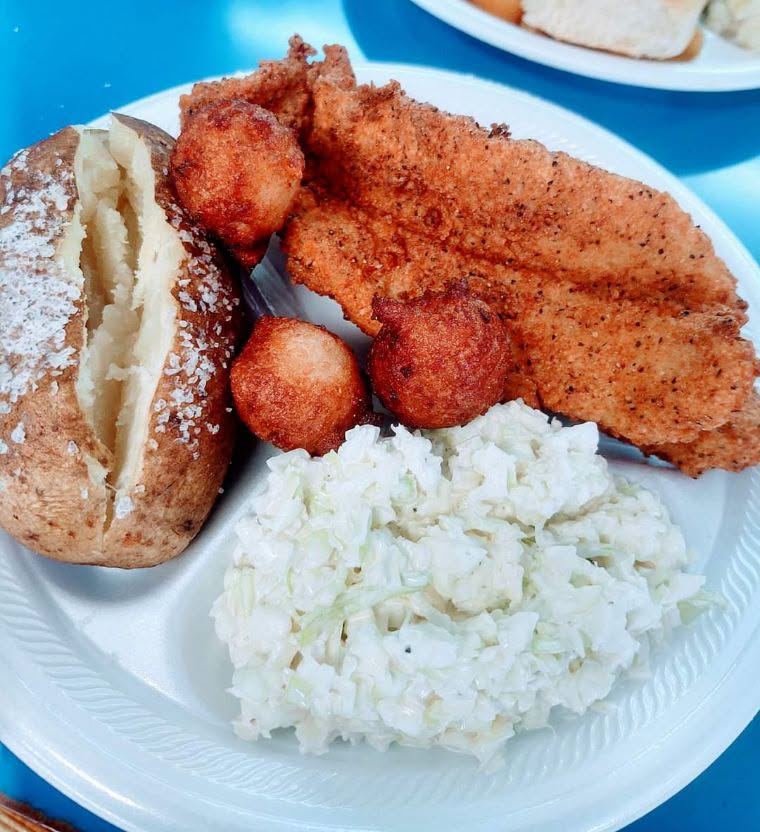 Friday fish plate: fried fish, hush puppies, slaw and a baked potato